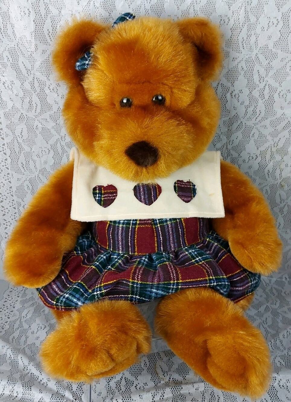 JCPenney Holiday Teddy Bear Girl Brown Plaid Dress Christmas 27" Plush Stuffed
